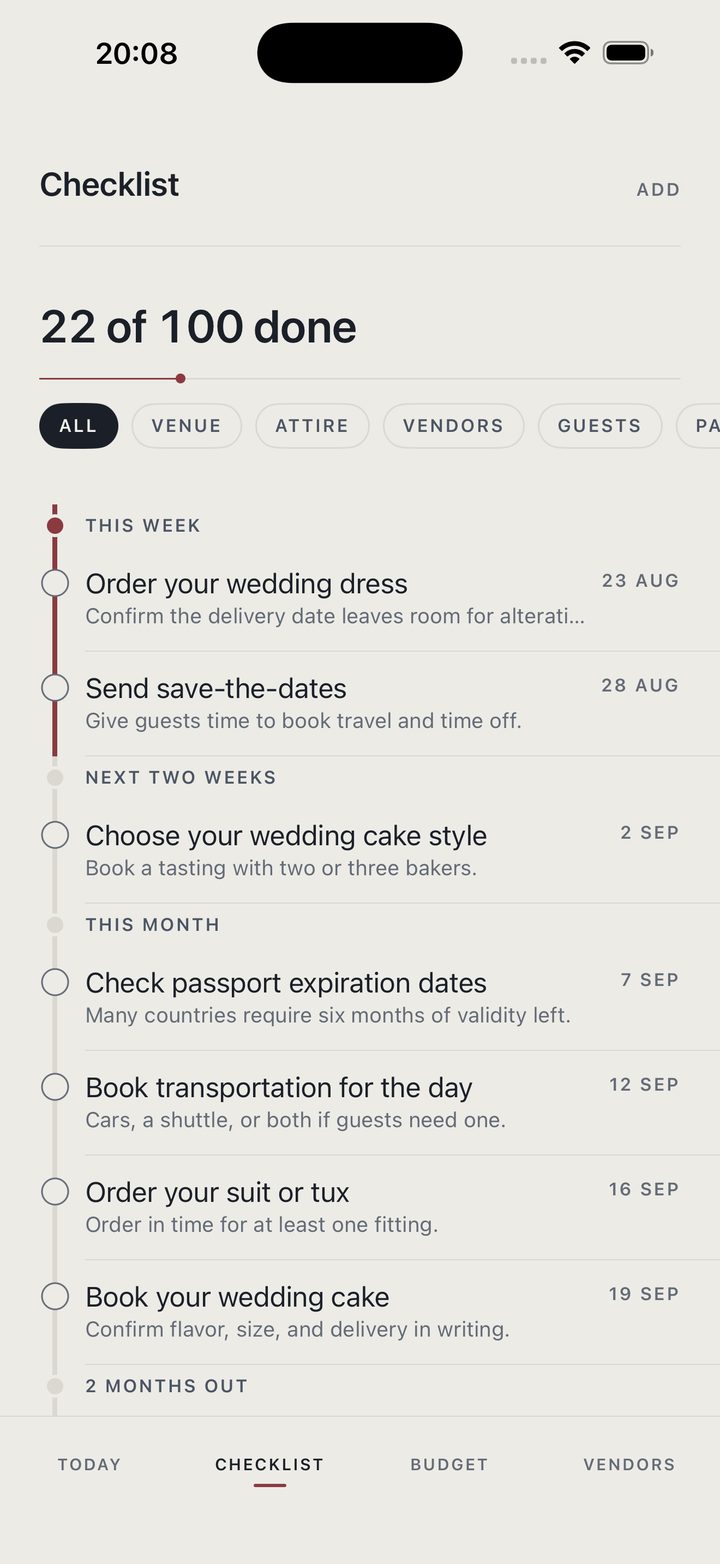 Betroth Checklist screen, grouped by Start Here and This Week, showing 15 of 100 tasks done