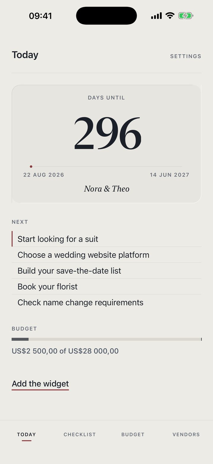 Betroth Today screen: a 296-day countdown to Nora and Theo's wedding, next tasks, and the budget line beneath it