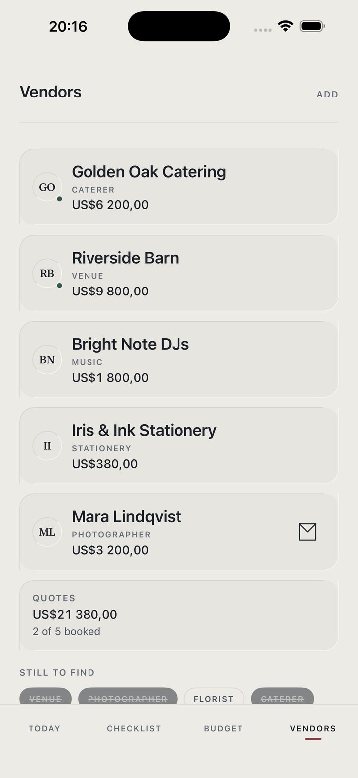 Betroth Vendors screen listing names, categories, and quotes, each linked to a call or email action
