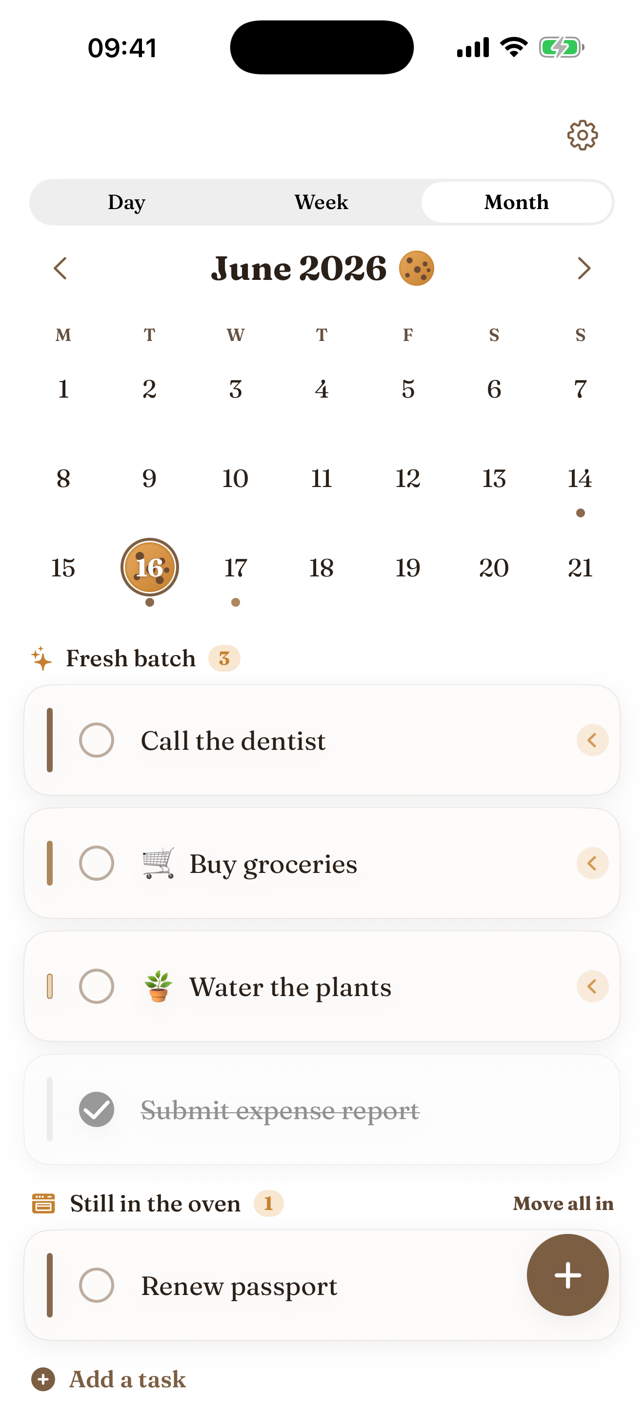 Cookie Do's Month view: a white June 2026 calendar grid with today, the 16th, ringed in a warm golden circle and marked with a cookie, and the day's white dough cards listed below.