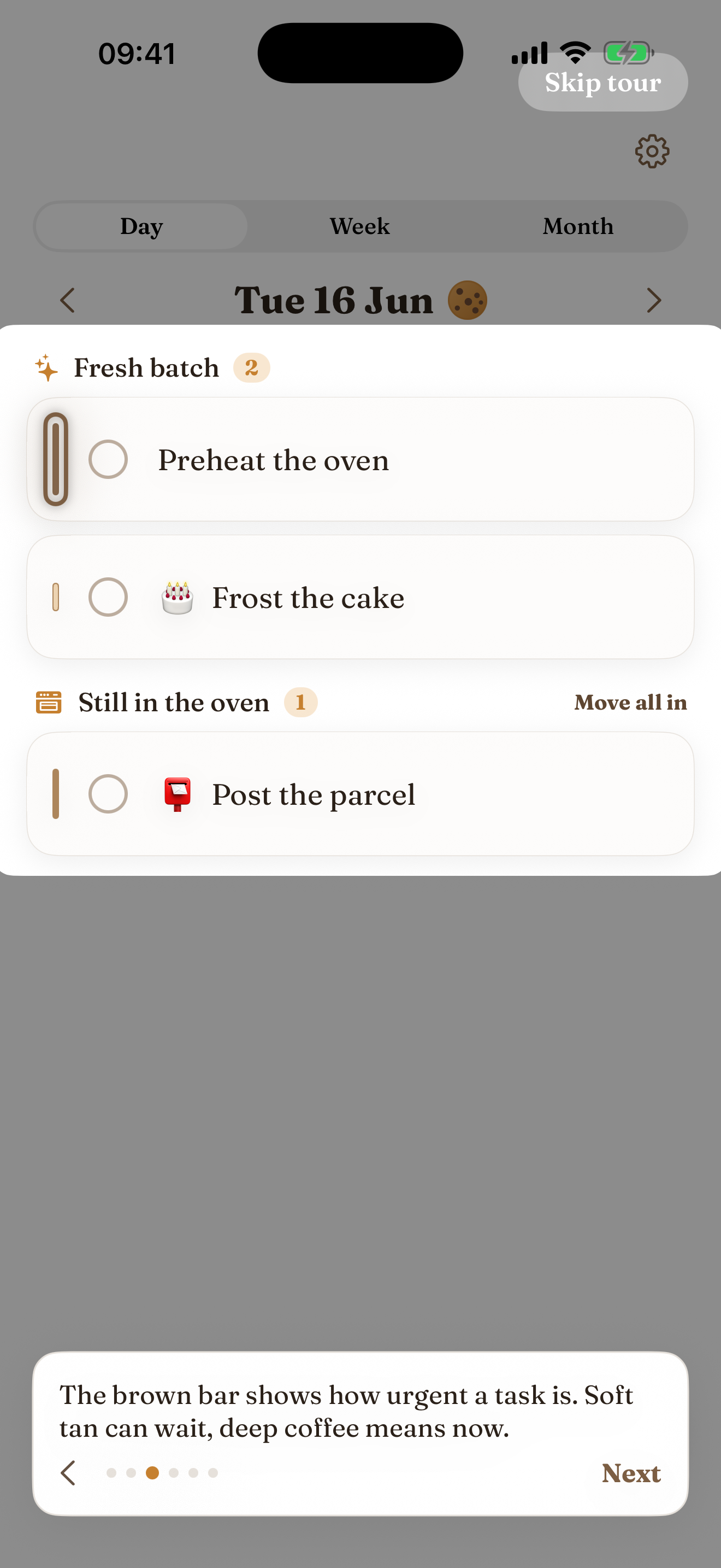 A gentle in-app coachmark over Cookie Do's Day view explaining the brown urgency bar: soft tan can wait, deep coffee means now, with a brown Next button to step through the tour.